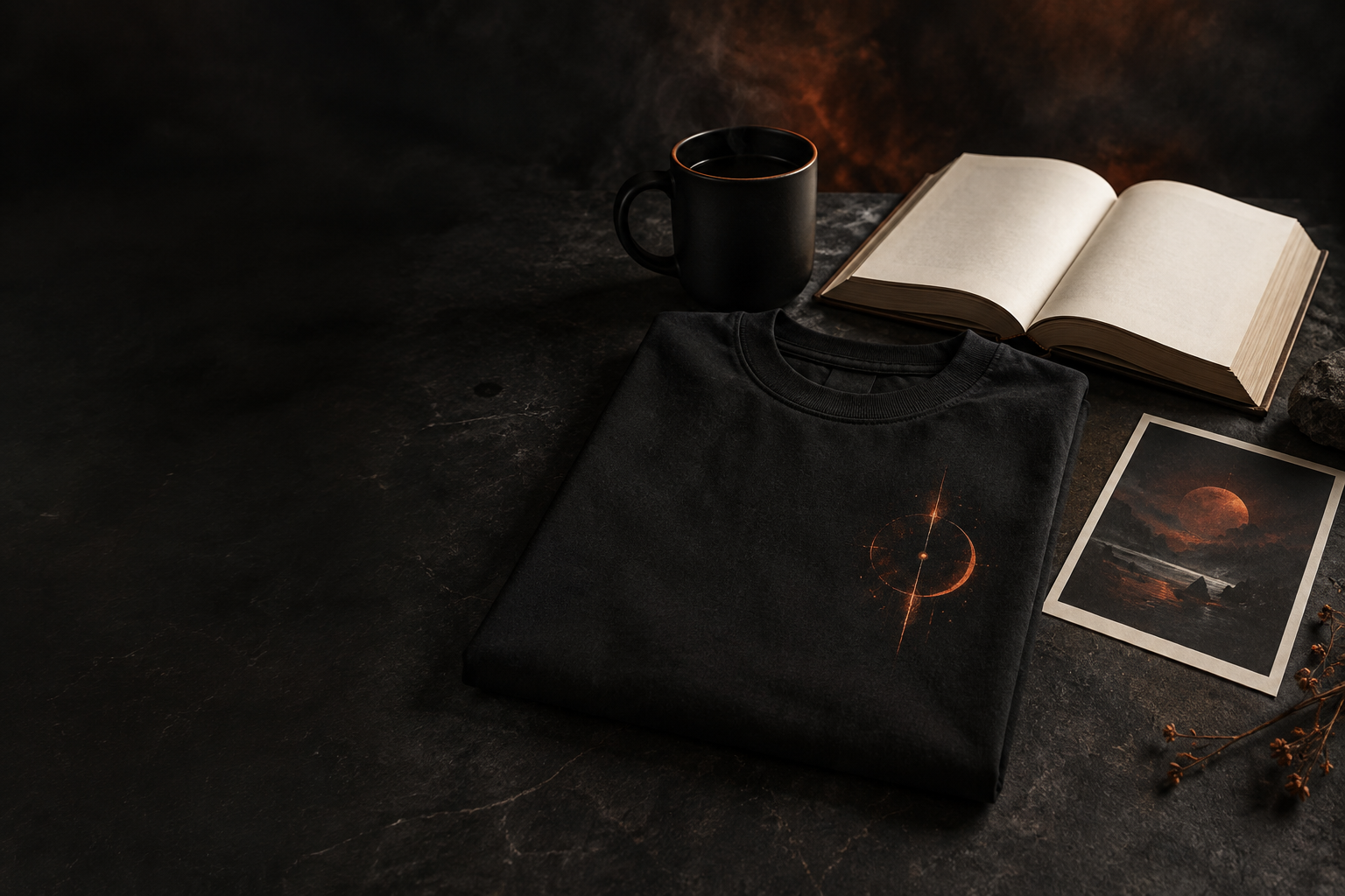 NORONEL black tee beside an open book and reader objects